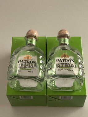 2- 375 ML PATRON SILVER TEQUILA BOTTLES WITH BOX  SET EMPTY GLASS
